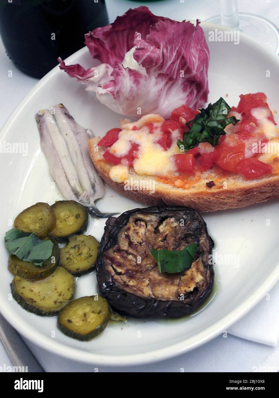 Antipasti-Teller mit marinierten Sardellen, gegrillten Auberginen, Raddicchio-Salat, gegrillten Zucchini und Bruchetta mit Tomaten und Käse in Ruhe Stockfoto