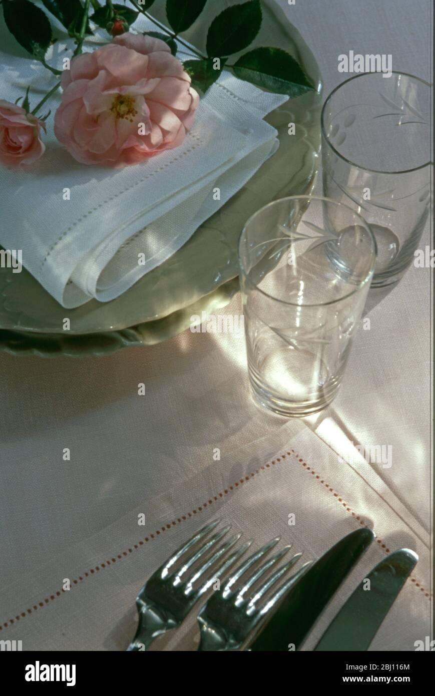 Bereiten Sie sich auf Tisch für eine Dinnerparty legen, wählen Gläser Besteck Teller und Servietten mit frisch gepflückten Rose - Stockfoto