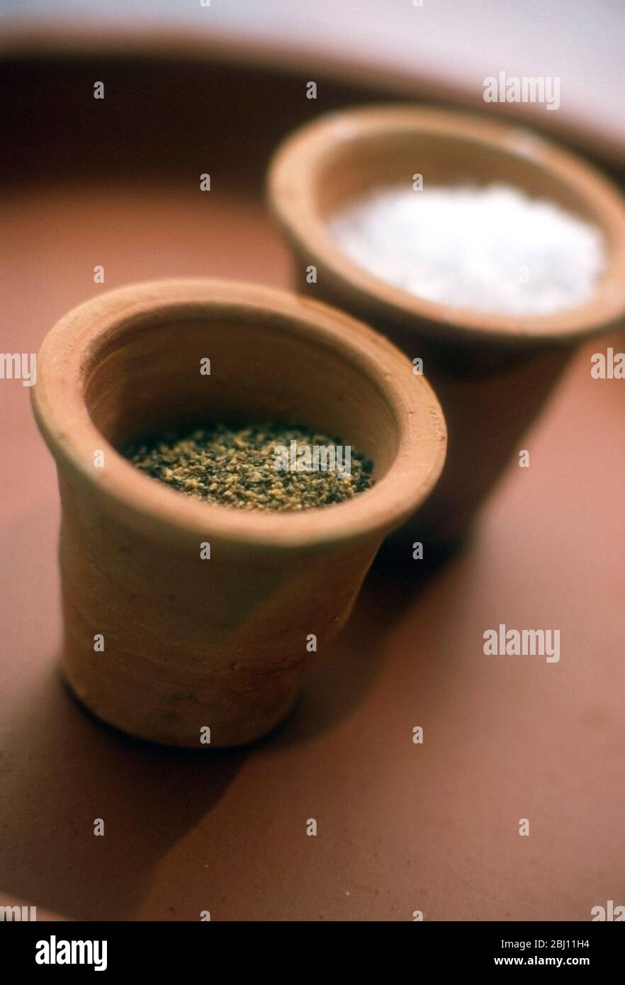 Kleine Terrakotta-Töpfe mit Salz und Pfeffer - Stockfoto