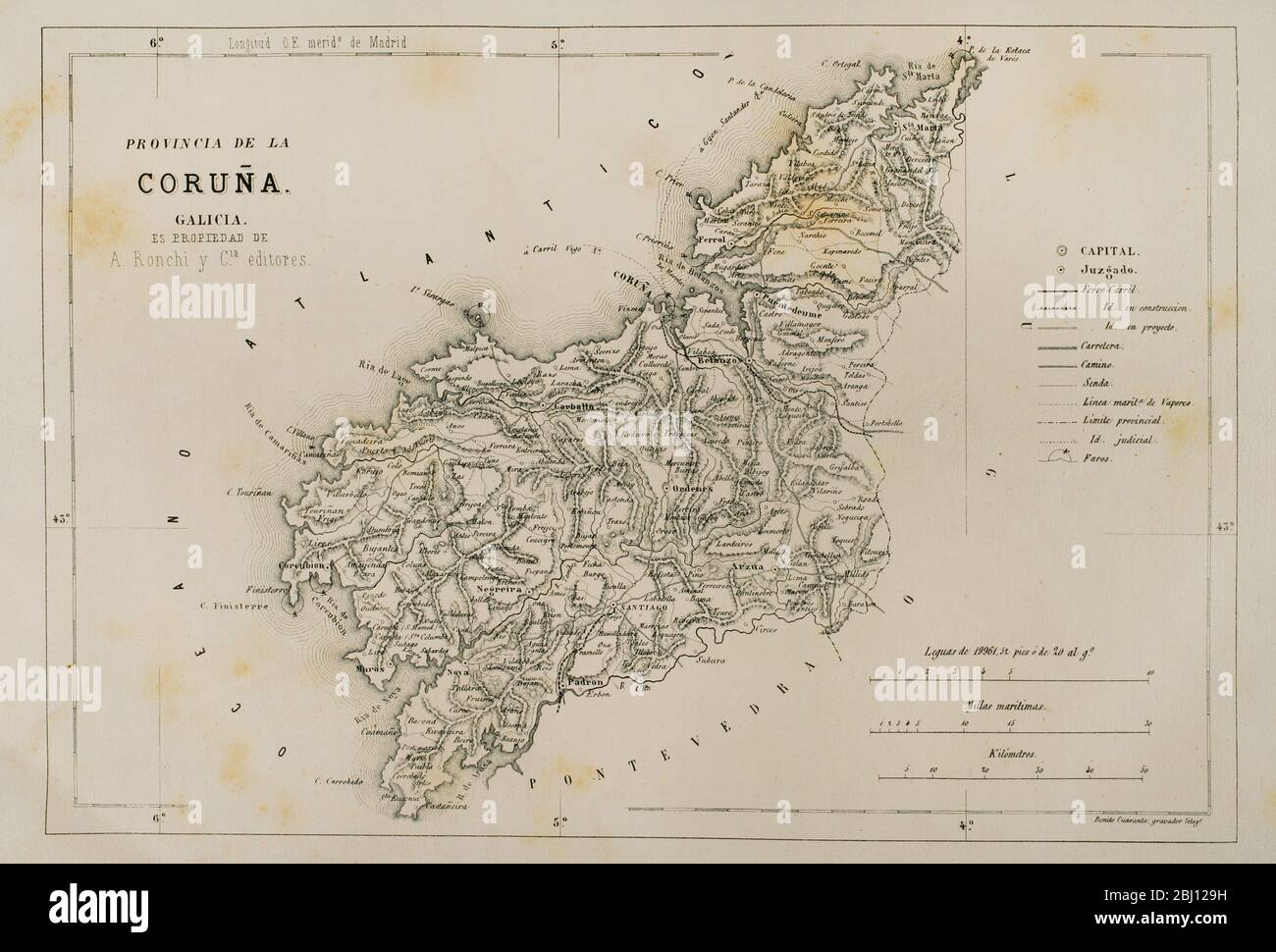 Spanien, Galicien. Karte der Provinz La Coruña, 19. Jahrhundert. Cronica General de España. Historia Ilustrada y Descriptiva de sus Provincias. Galicien, 1866. Stockfoto