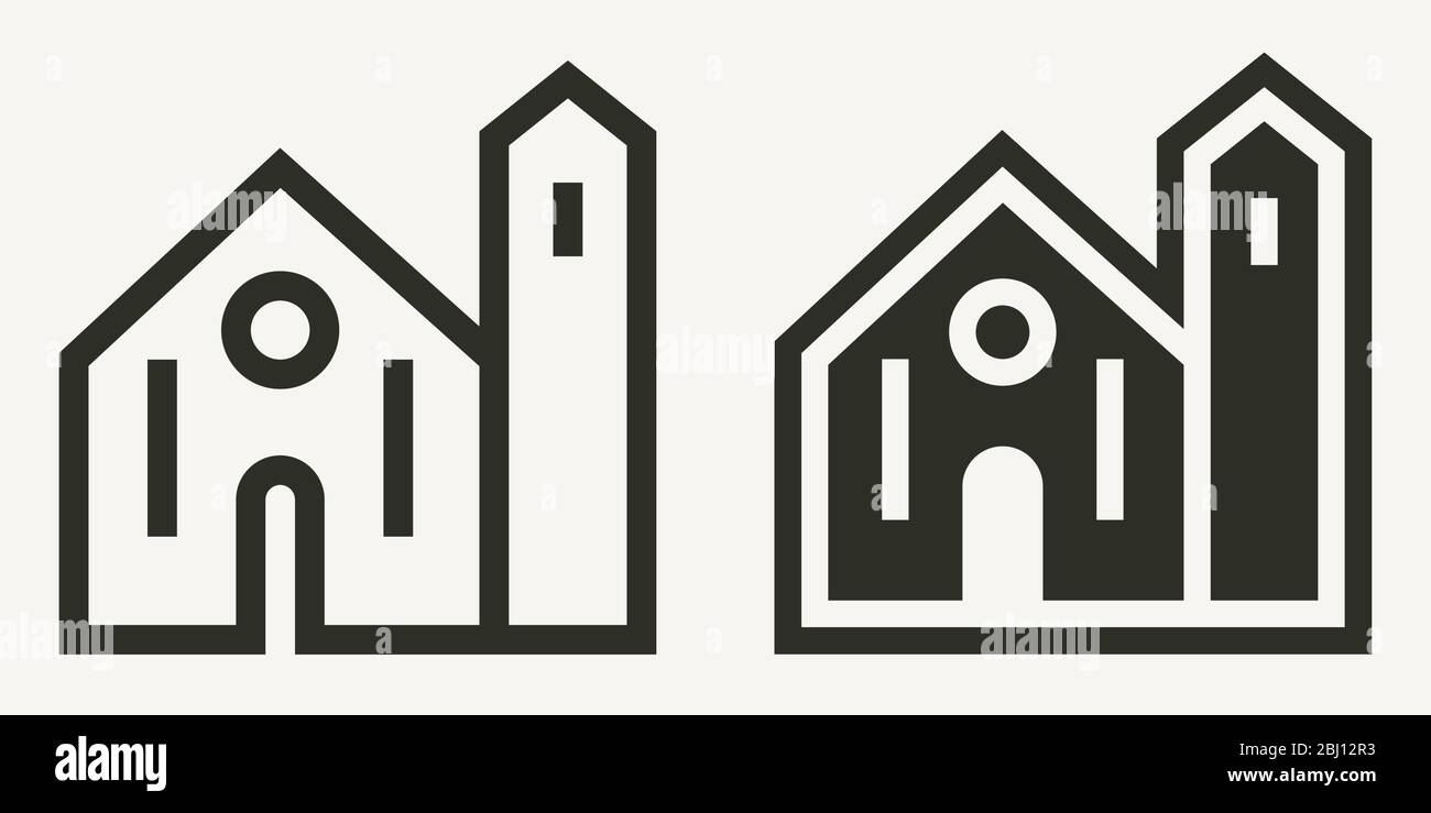 Minimale Kirchengebäude Umriss und solide Vektor-Symbole Stock Vektor