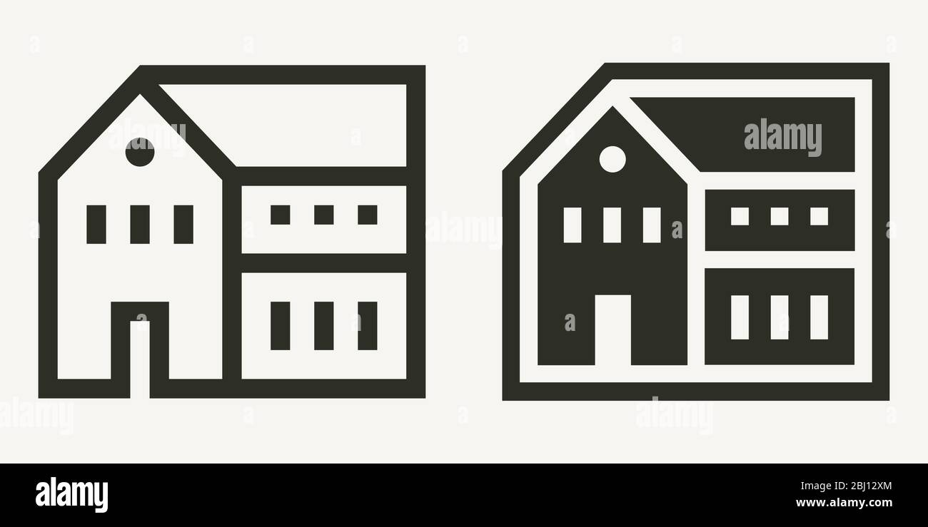 Minimale Wohngebäude oder Haus Umriss und solide Vektor-Symbole Stock Vektor