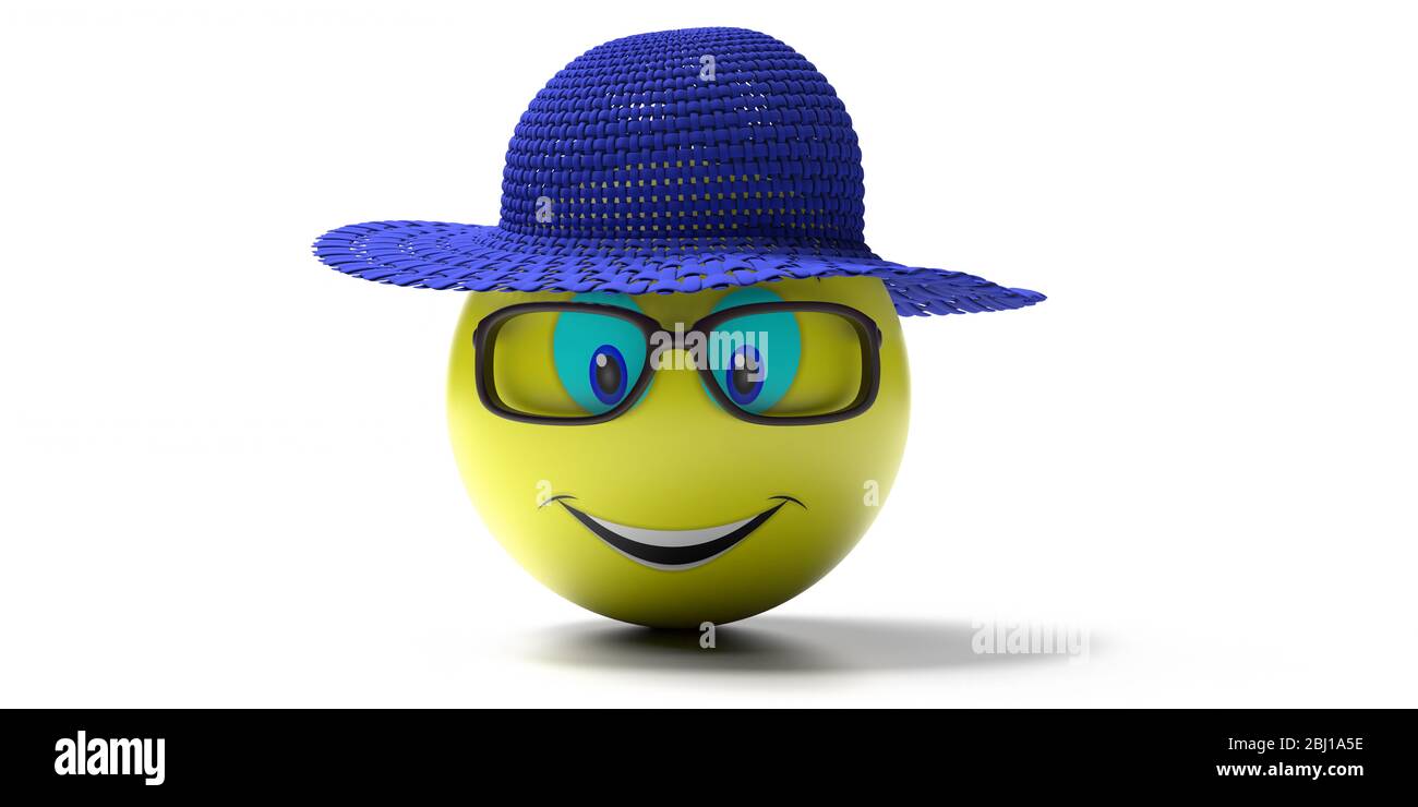 Emoji von gelben Smiley Gesicht mit Sommer-Set isoliert auf weißem Hintergrund. Emoticon mit blauem Strohhut, schwarzer Brille und einem großen Lächeln. 3d-Darstellung Stockfoto