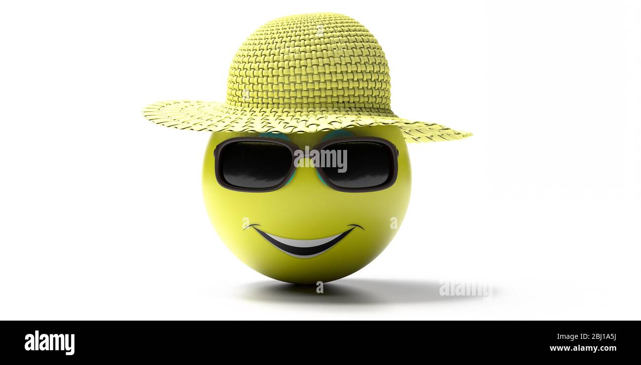 Emoji von gelben Smiley Gesicht mit Sommer-Set isoliert auf weißem Hintergrund. Emoticon mit blauem Strohhut, schwarzer Brille und einem großen Lächeln. 3d-Darstellung Stockfoto