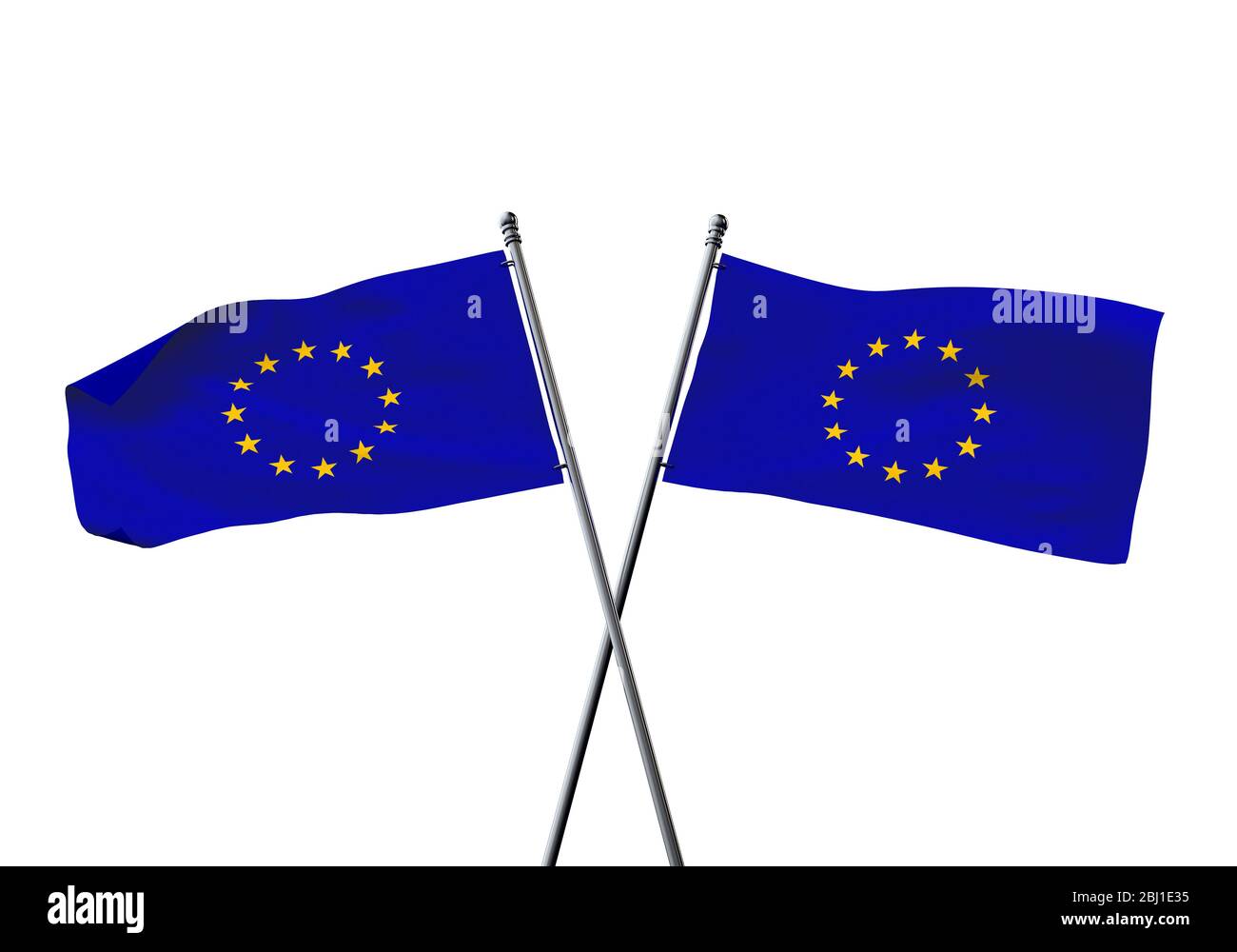 Die Flaggen der Europäischen Union kreuzten sich isoliert auf weißem Hintergrund. 3D-Rendering Stockfoto