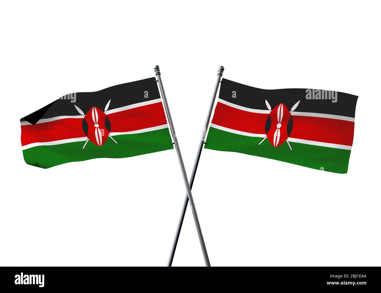 Kenia flags gekreuzt auf einem weißen Hintergrund. 3D-Rendering Stockfoto