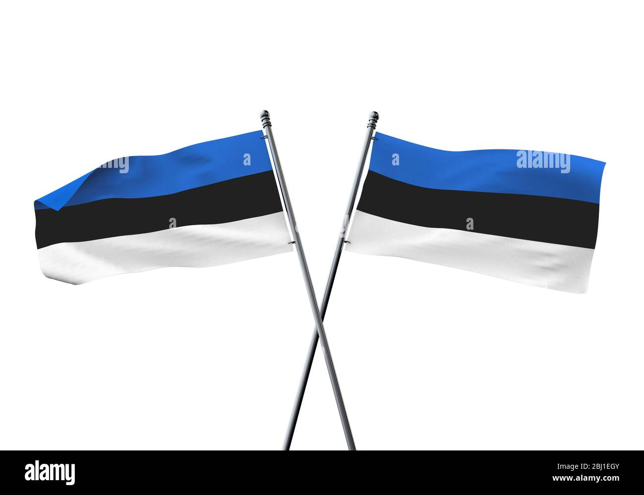 Estland Fahnen gekreuzt auf einem weißen Hintergrund. 3D-Rendering Stockfoto