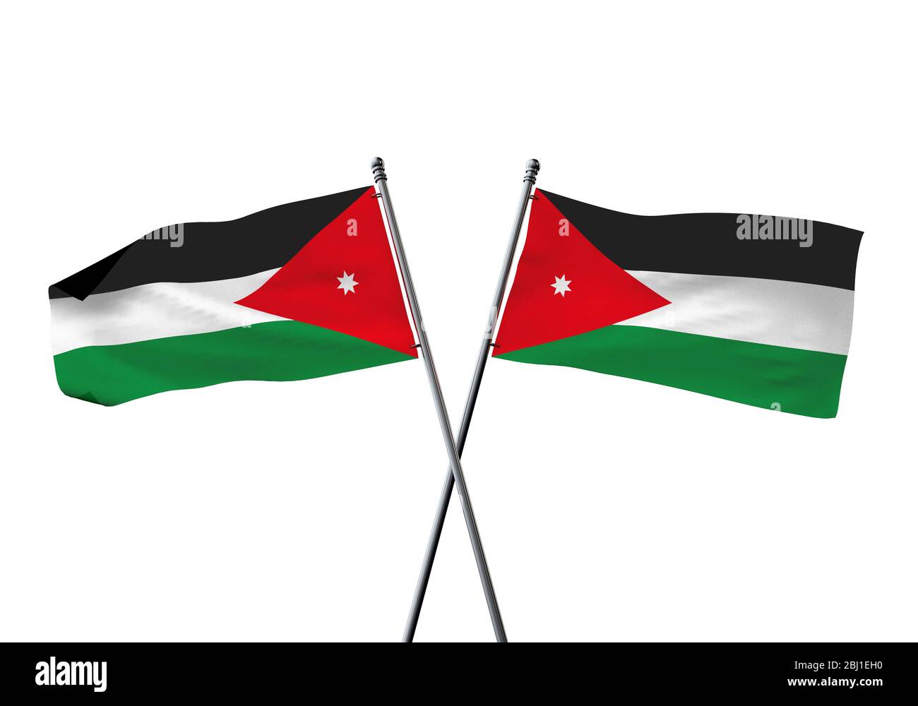Jordanien flags gekreuzt auf einem weißen Hintergrund. 3D-Rendering Stockfoto