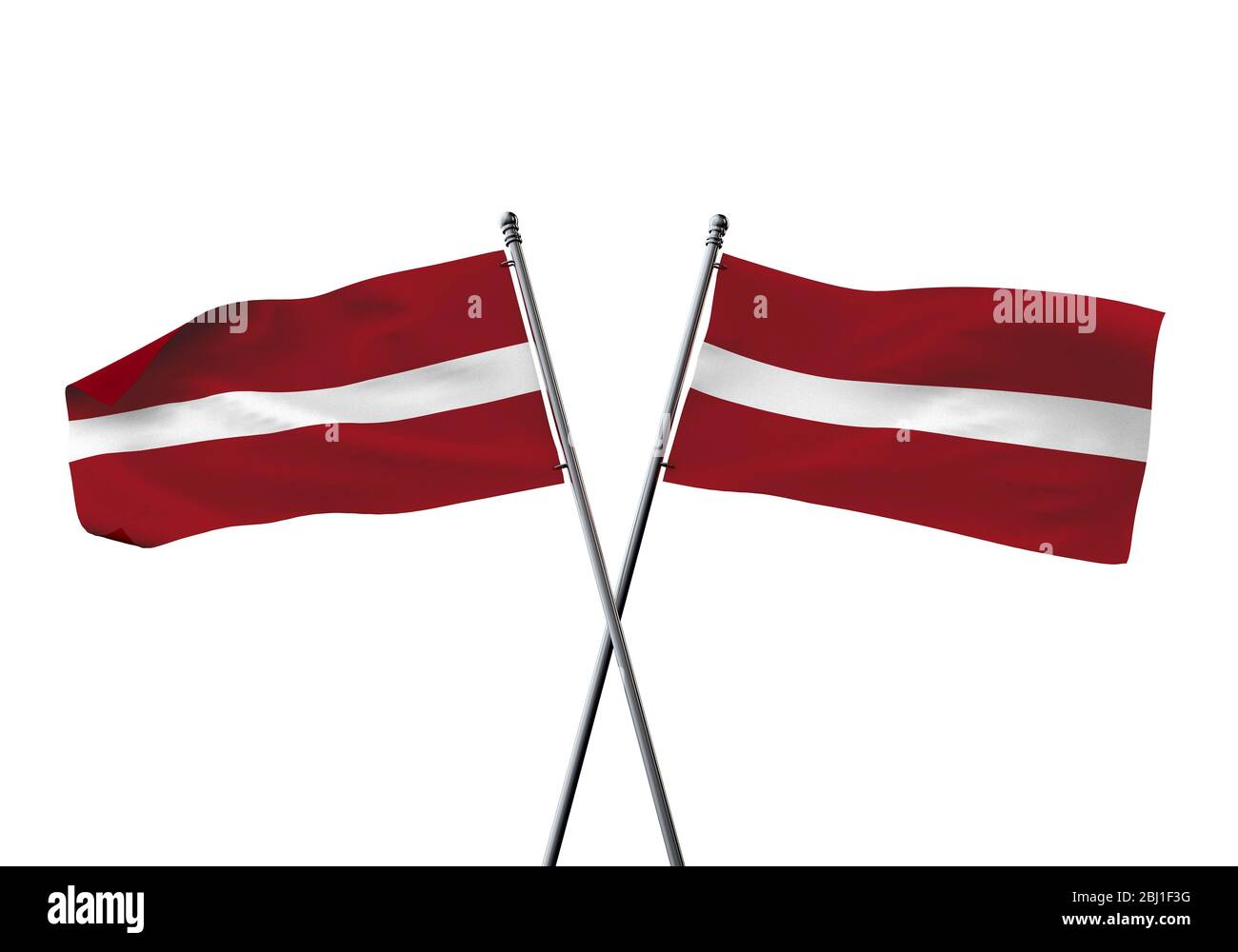 Lettland Fahnen gekreuzt auf einem weißen Hintergrund. 3D-Rendering Stockfoto