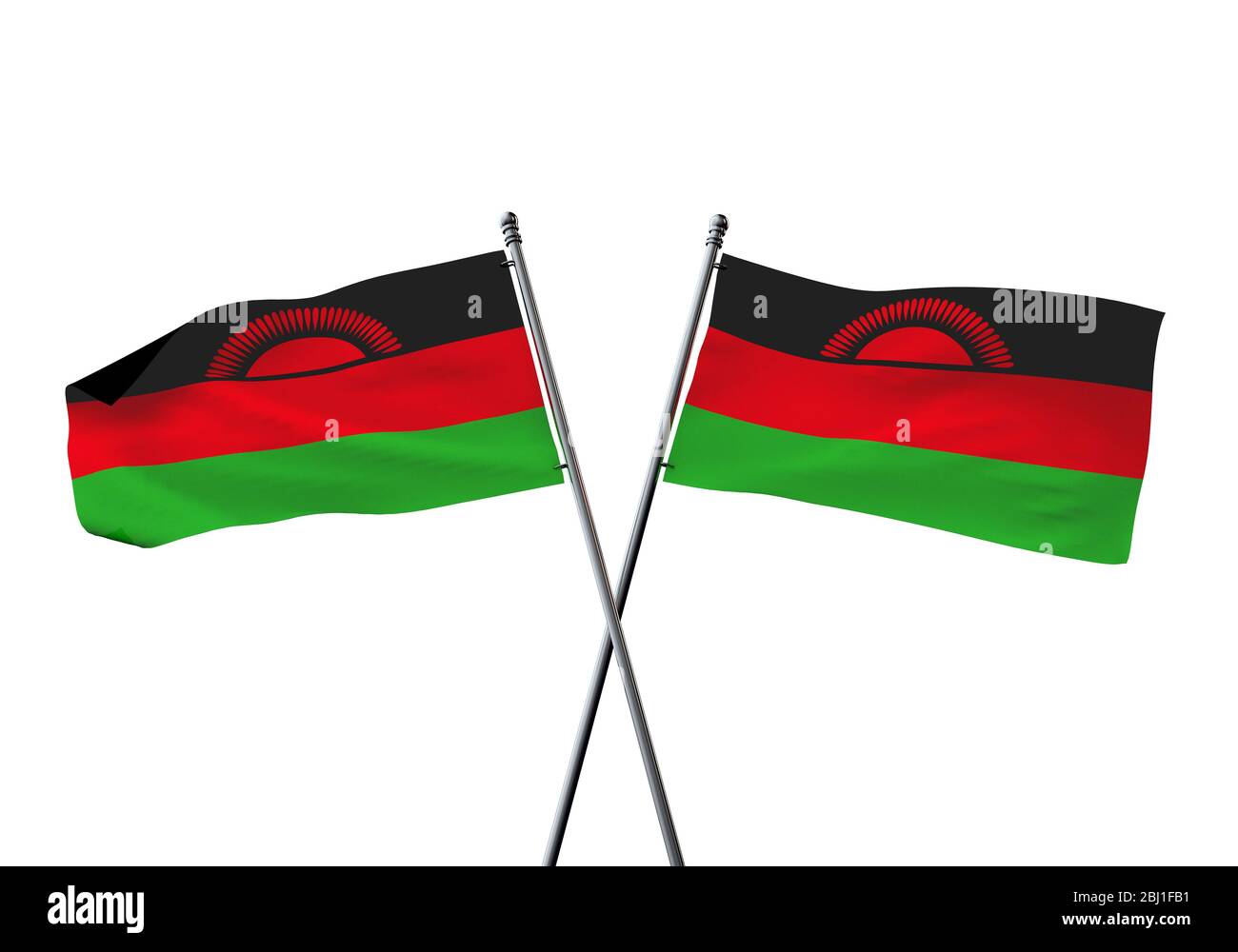 Malawi flags gekreuzt auf einem weißen Hintergrund. 3D-Rendering Stockfoto