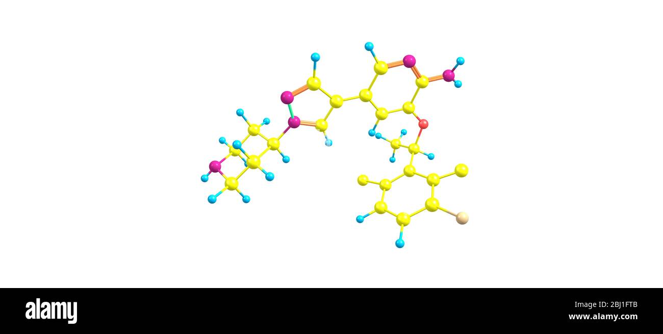 Crizotinib ist ein krebsbekämpfendes Medikament, das als anaplastische Lymphomkinase und als C-ros Oncogen 1-Hemmer wirkt, zugelassen für die Behandlung von einigen nicht-kleinen Zellen Stockfoto