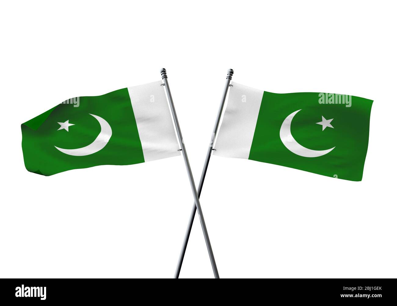 Pakistan flags gekreuzt auf einem weißen Hintergrund. 3D-Rendering Stockfoto