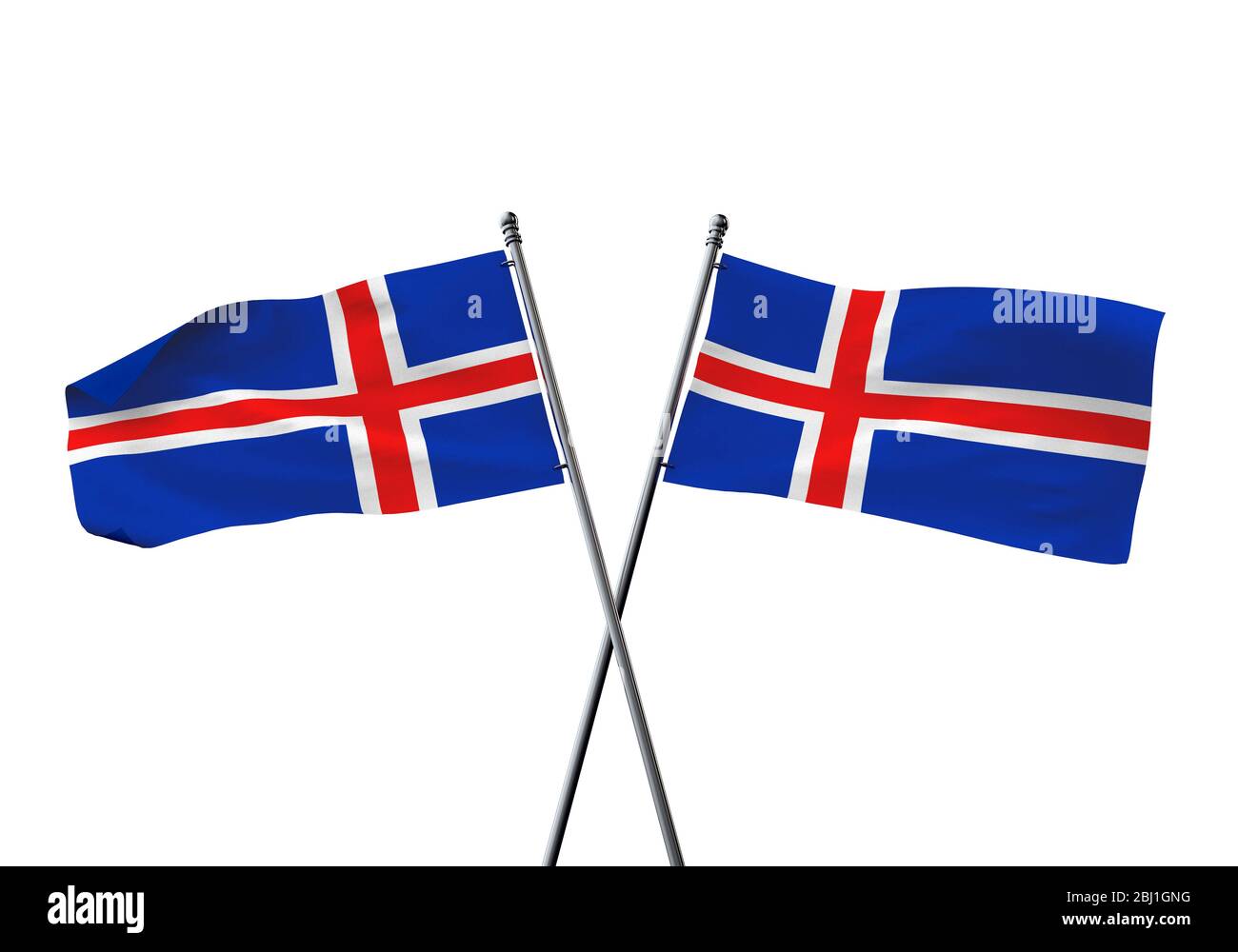 Island Flaggen gekreuzt auf einem weißen Hintergrund. 3D-Rendering Stockfoto