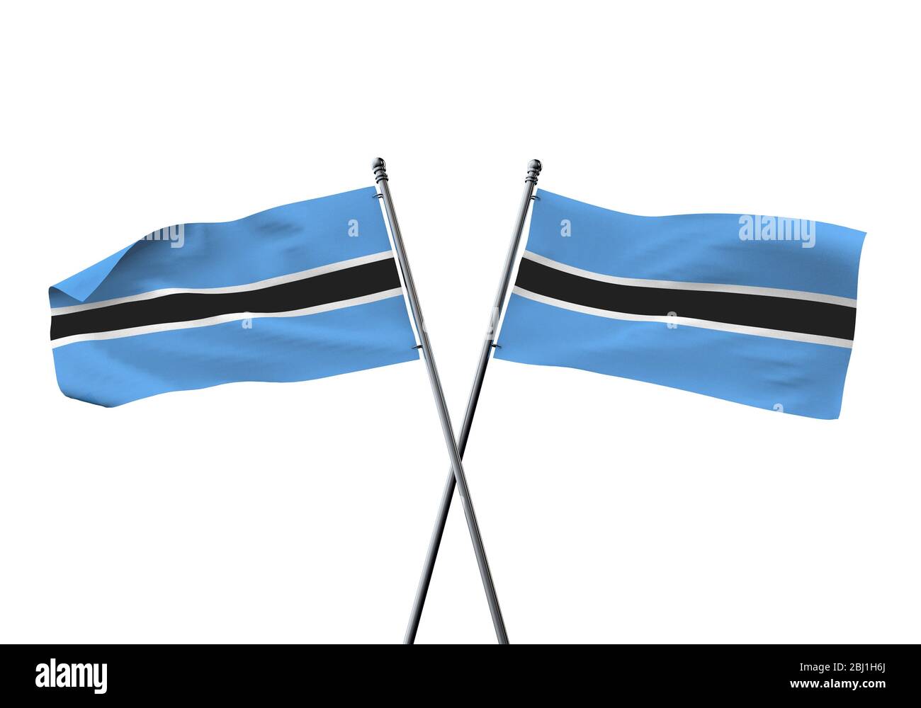 Botswana Flaggen gekreuzt auf einem weißen Hintergrund. 3D-Rendering Stockfoto