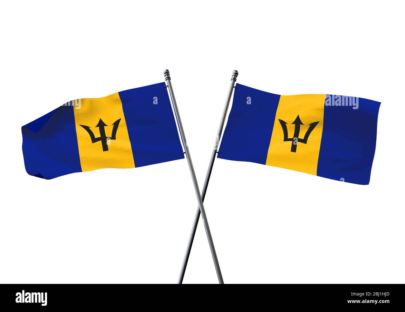 Barbados Flaggen kreuzten isoliert auf weißem Hintergrund. 3D-Rendering Stockfoto
