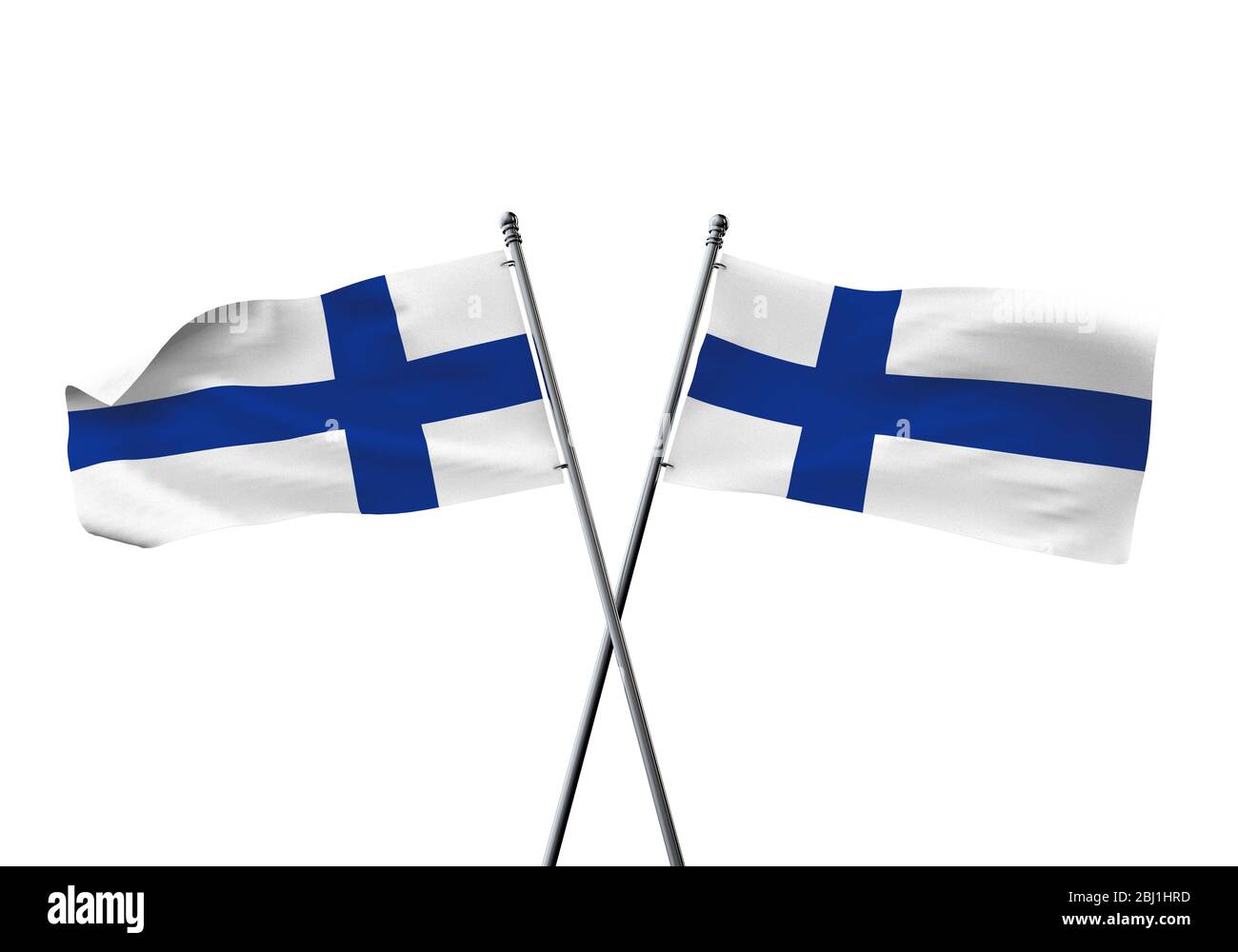 Finnlands Flaggen kreuzten sich isoliert auf weißem Hintergrund. 3D-Rendering Stockfoto