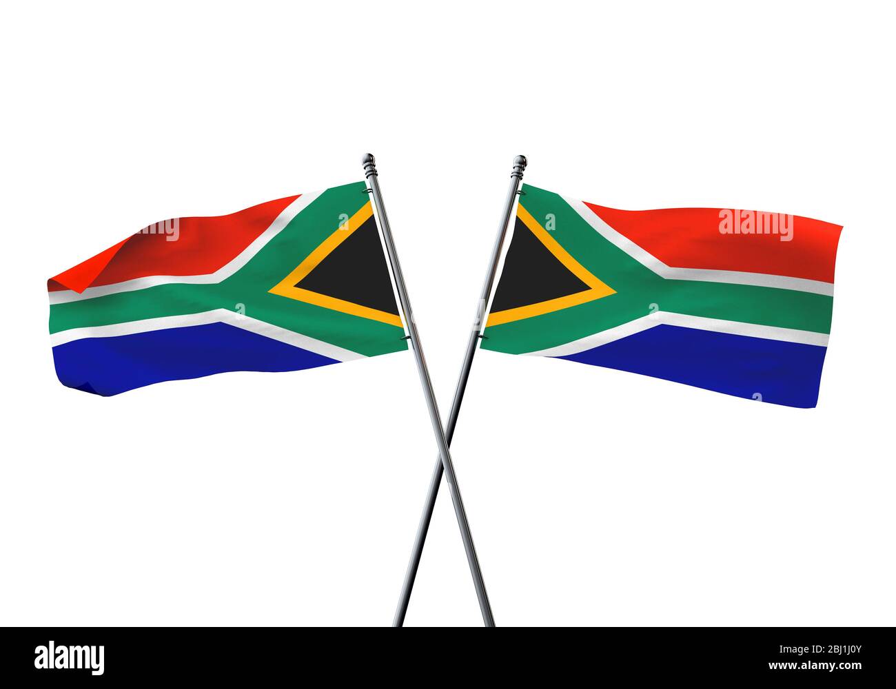 Südafrika Flaggen gekreuzt auf einem weißen Hintergrund. 3D-Rendering Stockfoto