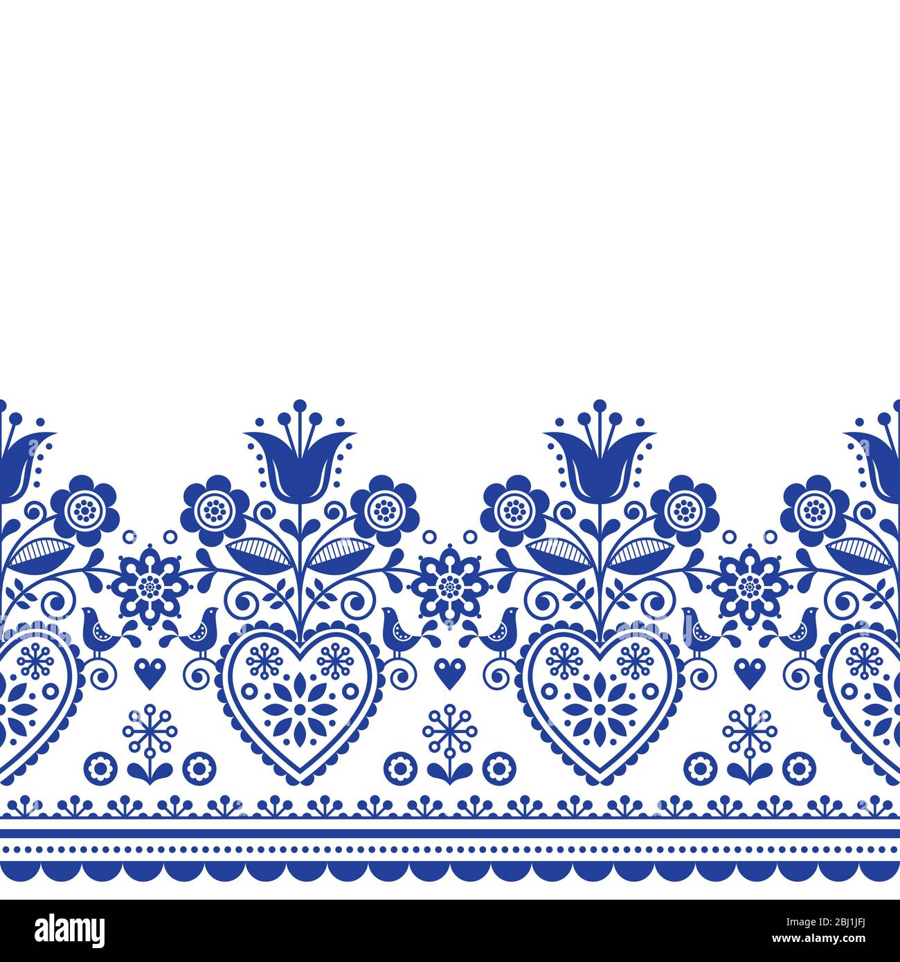 Skandinavische Volkskunst Grußkarte Vektor Muster mit Vögeln und Blumen, Nordic Retro repetitive Dekoration mit Blumen Stock Vektor