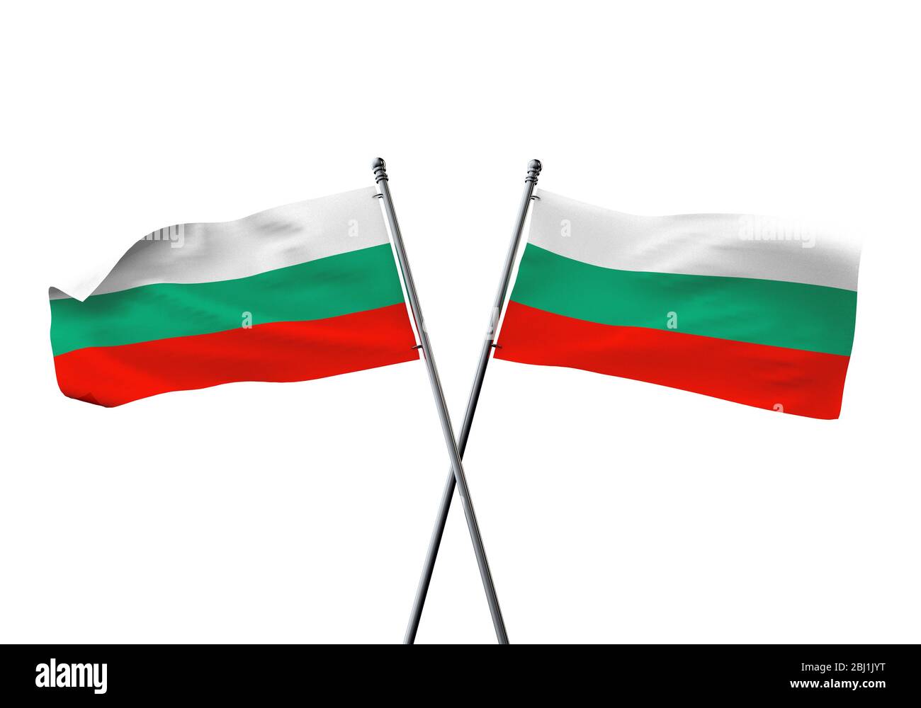 Bulgarien Flaggen gekreuzt auf einem weißen Hintergrund. 3D-Rendering Stockfoto