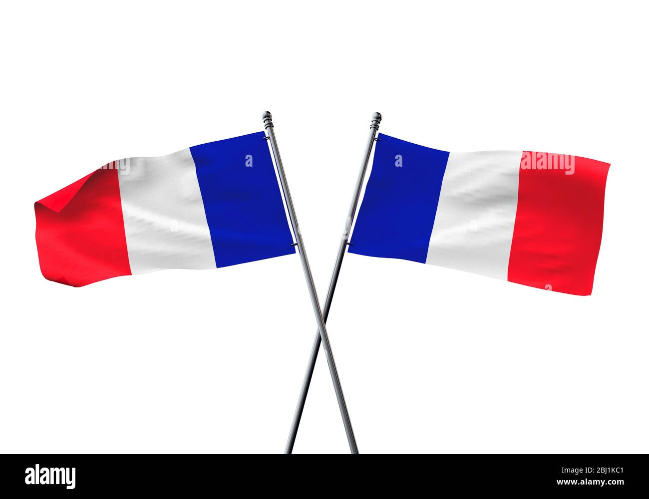 Frankreich Fahnen gekreuzt auf einem weißen Hintergrund. 3D-Rendering Stockfoto