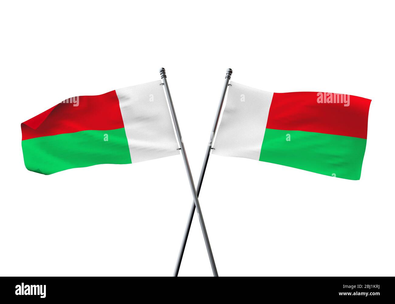 Madagaskar flags gekreuzt auf einem weißen Hintergrund. 3D-Rendering Stockfoto