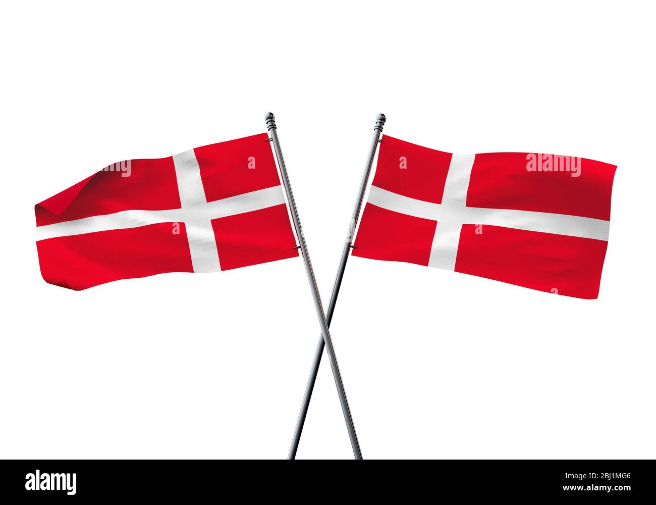 Dänemark Fahnen gekreuzt auf einem weißen Hintergrund. 3D-Rendering Stockfoto