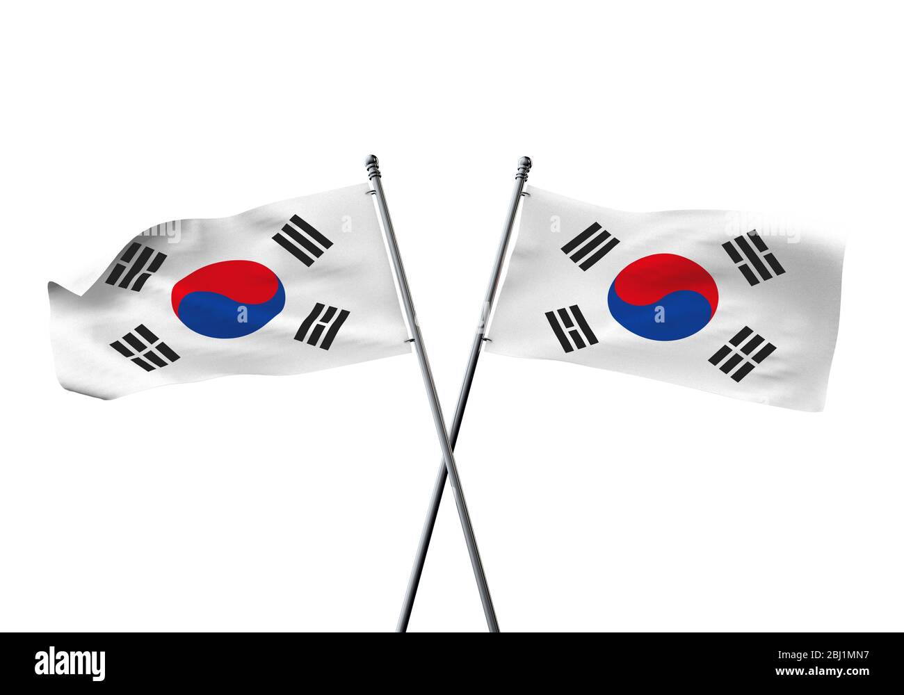 Südkorea Flaggen gekreuzt auf einem weißen Hintergrund. 3D-Rendering Stockfoto