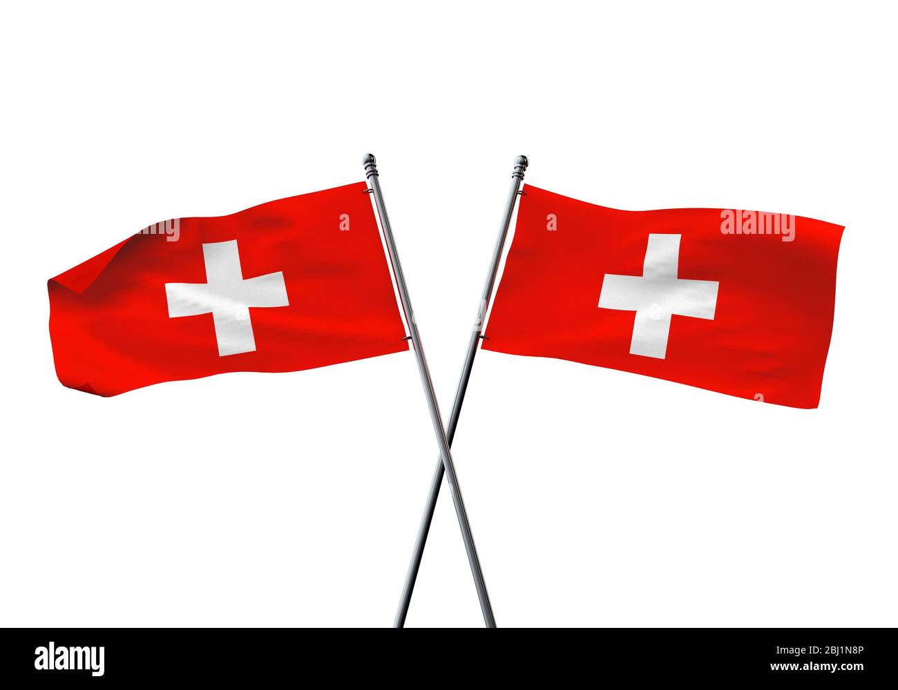 Schweiz Flaggen gekreuzt auf einem weißen Hintergrund. 3D-Rendering Stockfoto