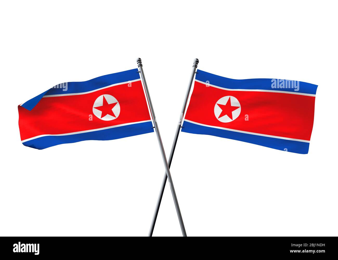 Nordkorea flags gekreuzt auf einem weißen Hintergrund. 3D-Rendering Stockfoto