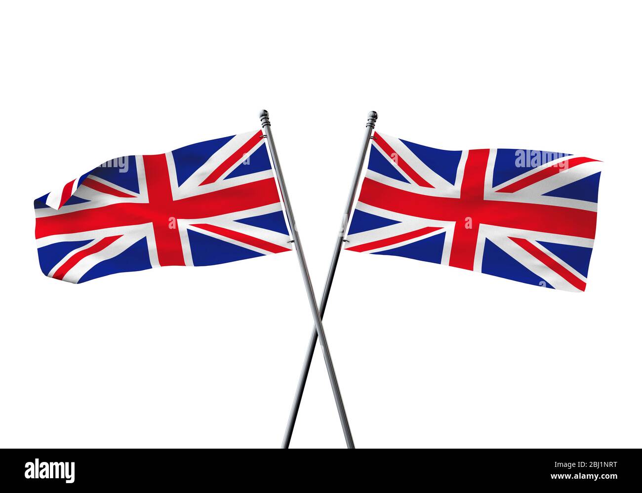 Großbritannien Flaggen gekreuzt auf einem weißen Hintergrund. 3D-Rendering Stockfoto