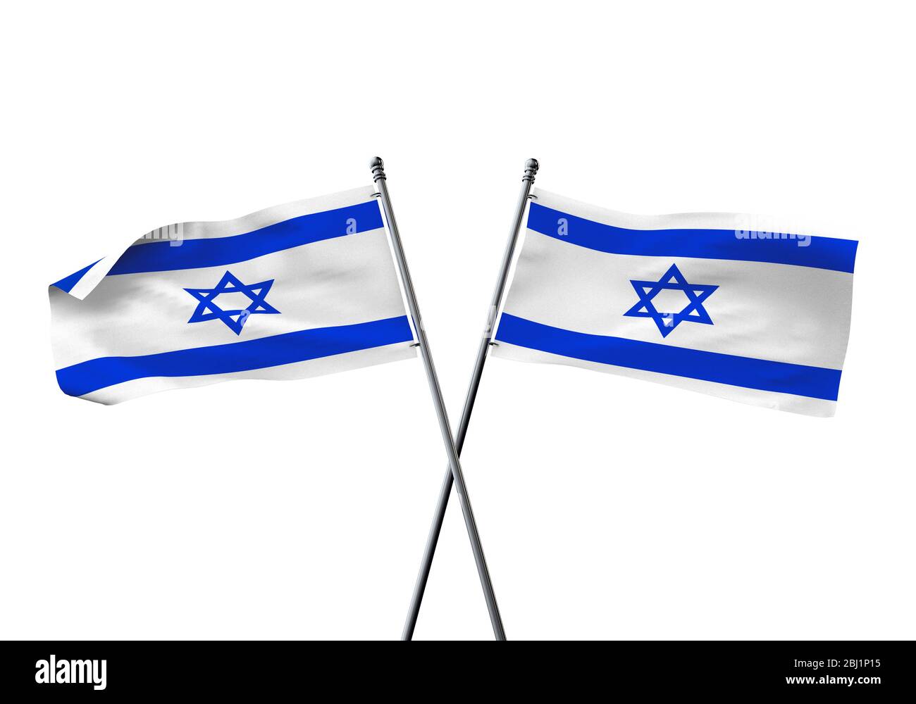 Israel Fahnen gekreuzt auf einem weißen Hintergrund. 3D-Rendering Stockfoto