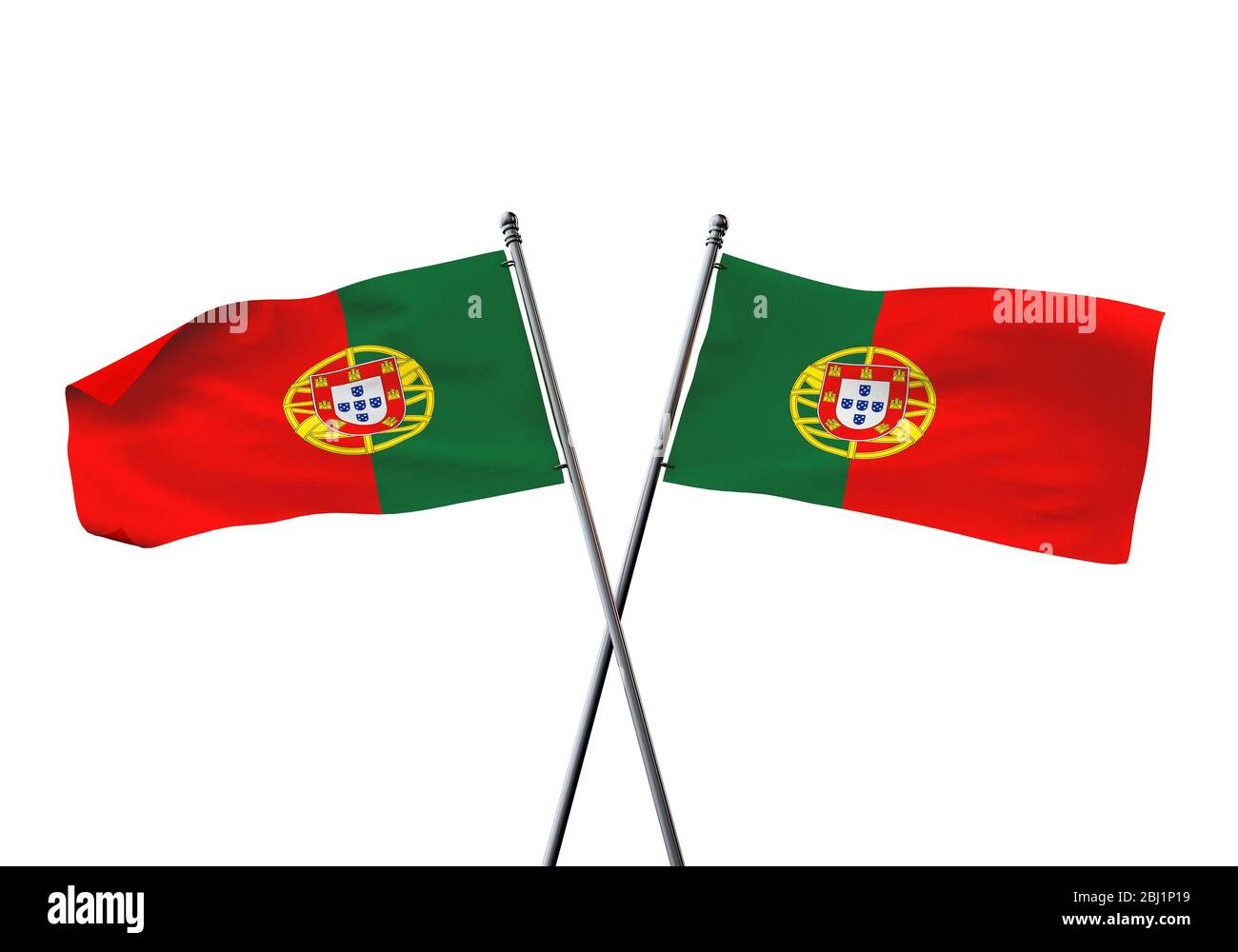 Portugal Flaggen gekreuzt auf einem weißen Hintergrund. 3D-Rendering Stockfoto