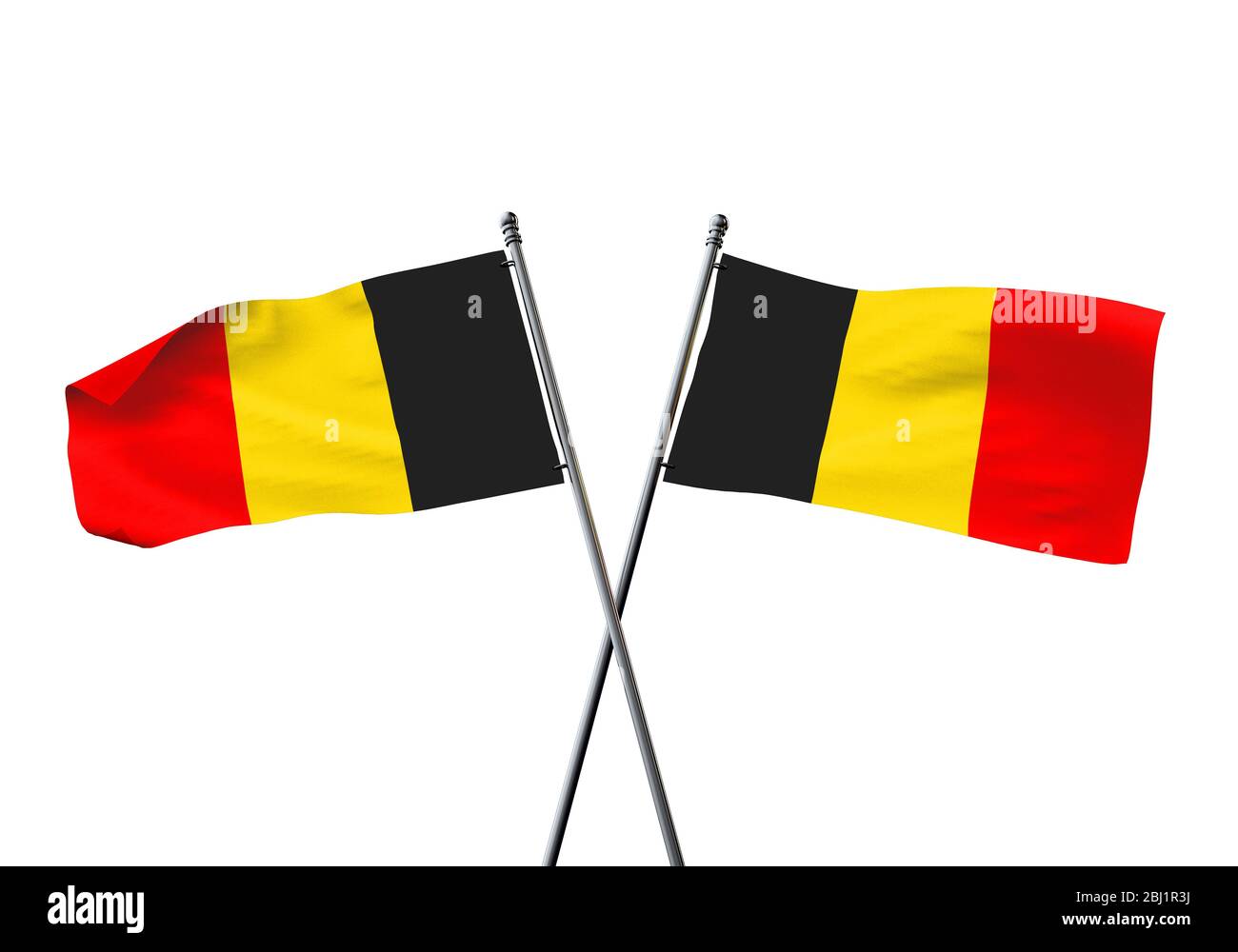 Belgien Flaggen gekreuzt auf einem weißen Hintergrund. 3D-Rendering Stockfoto
