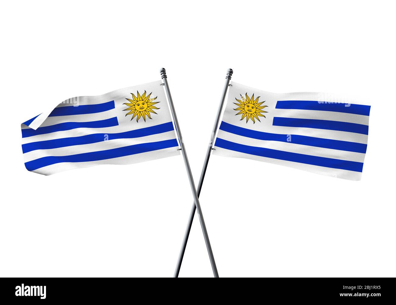 Uruguay flags gekreuzt auf einem weißen Hintergrund. 3D-Rendering Stockfoto