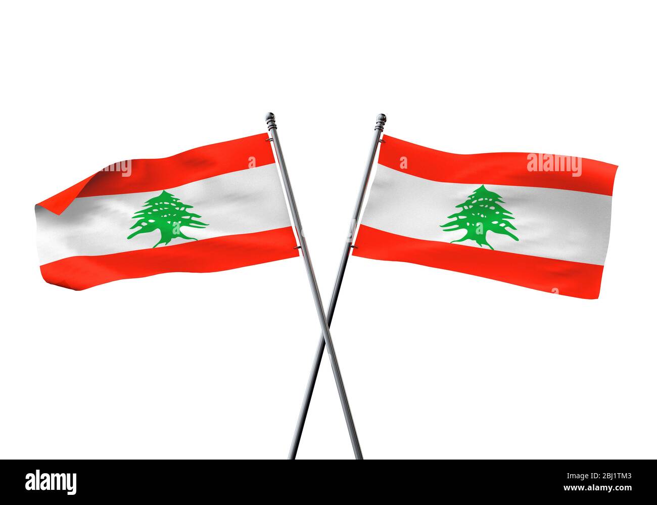 Libanon flags gekreuzt auf einem weißen Hintergrund. 3D-Rendering Stockfoto