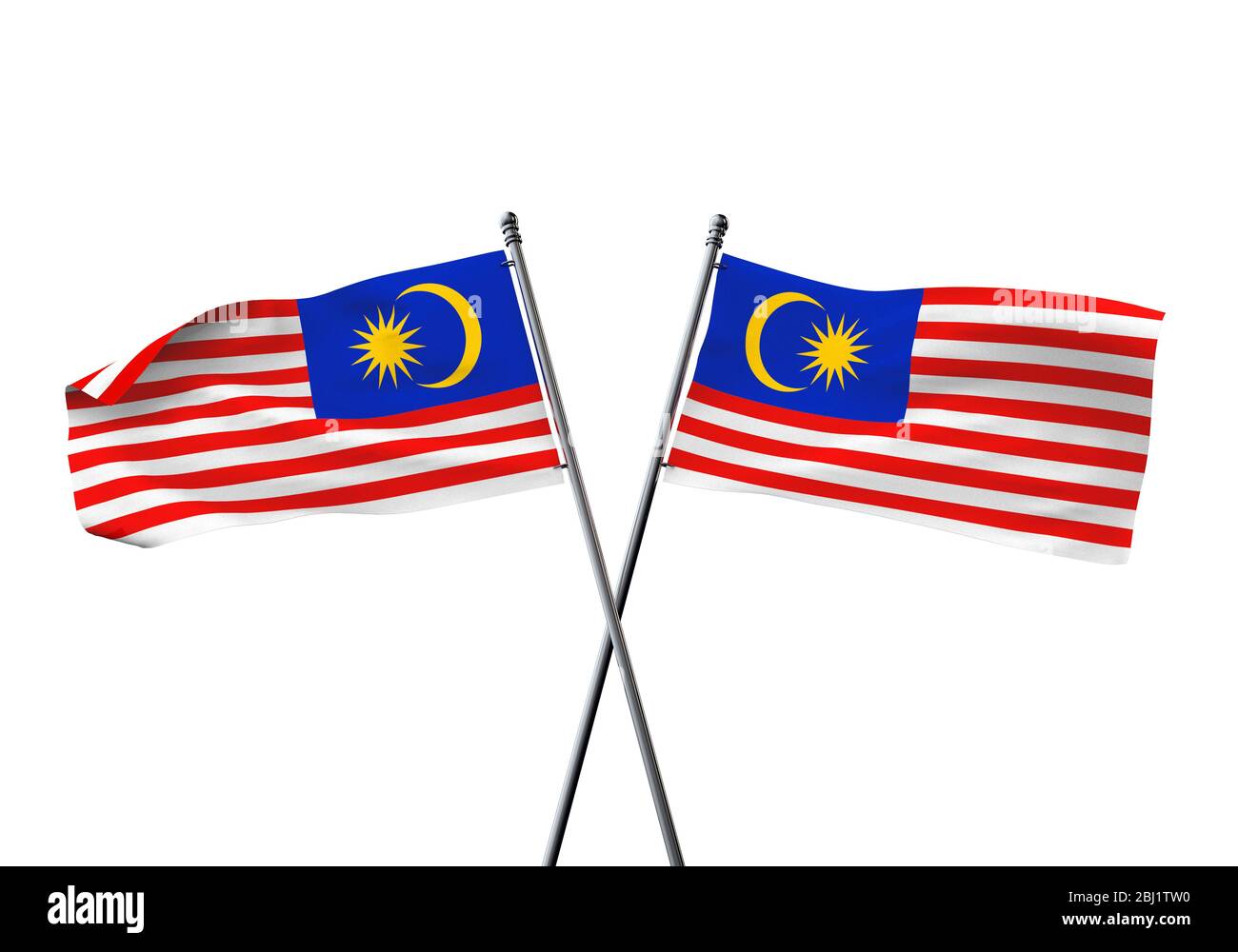 malaysia Fahnen kreuzten isoliert auf einem weißen Hintergrund. 3D-Rendering Stockfoto
