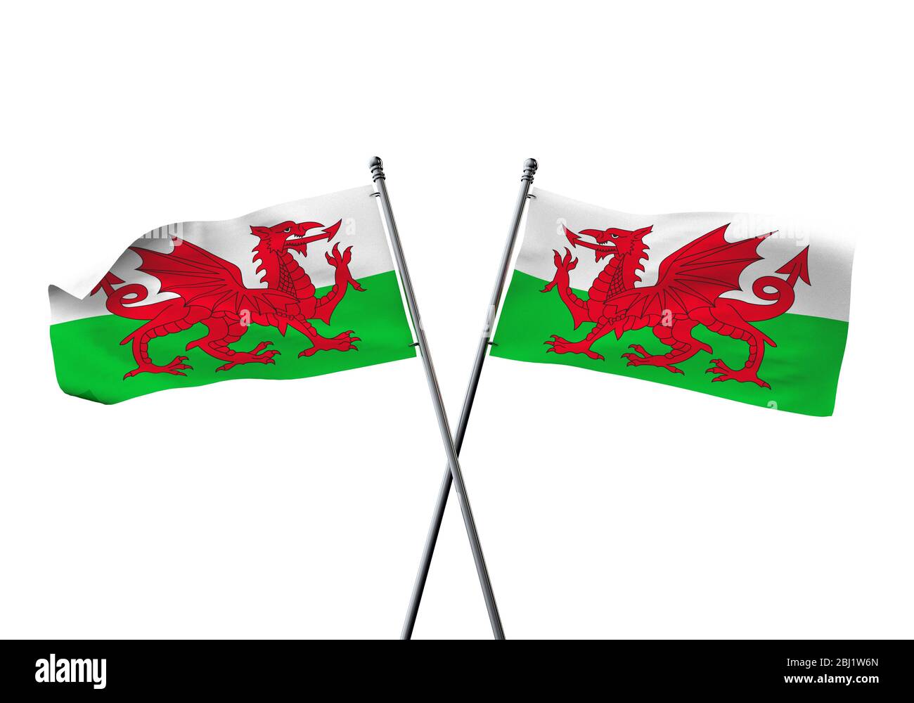 Wales Fahnen kreuzten isoliert auf einem weißen Hintergrund. 3D-Rendering Stockfoto