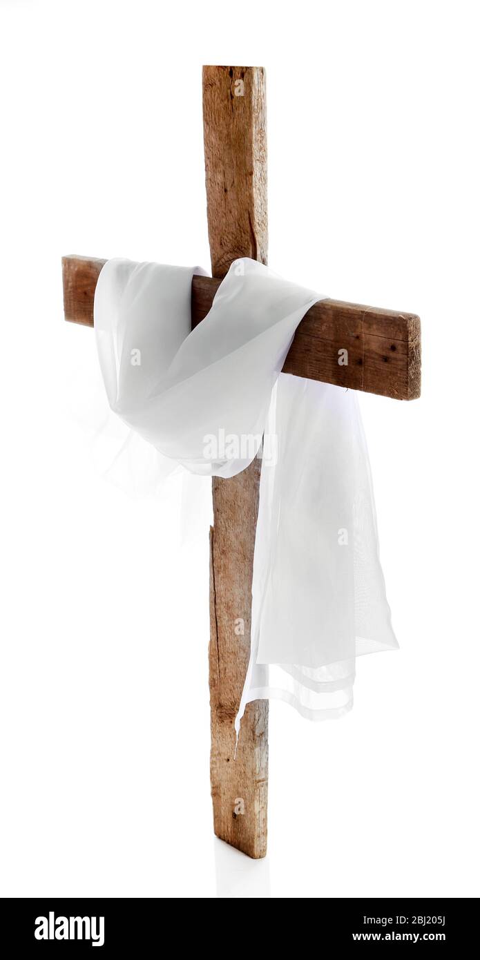 Kreuz mit Tuch, isoliert auf weiß Stockfoto
