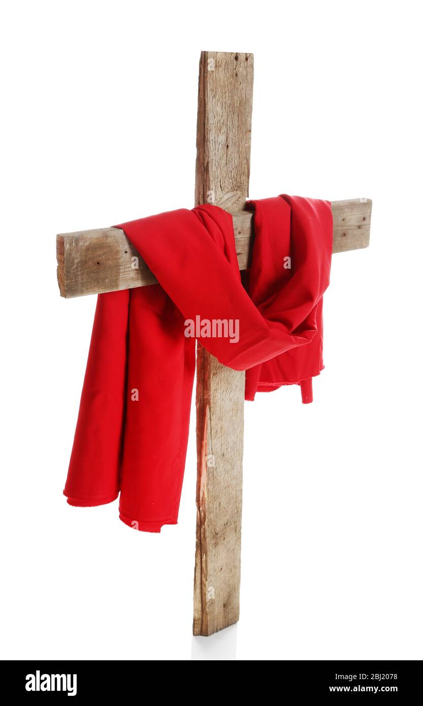 Kreuz mit rotem Tuch, isoliert auf weiß Stockfoto