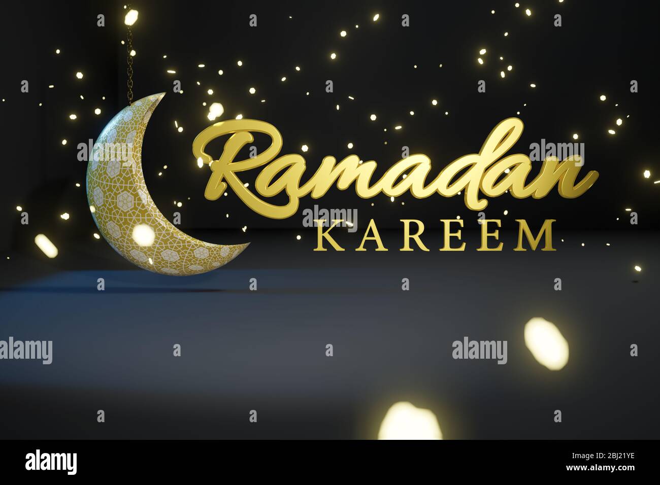 Ramadan Kareem 3D Text Illustration mit crecent Mond und glühenden funkelt schweben durch die Luft - muslimische Ferien und Feiern Konzept Bild wi Stockfoto