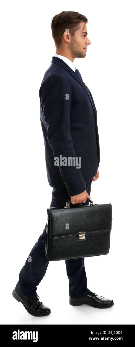Eleganter Mann im Anzug mit Aktentasche isoliert auf weiß Stockfoto