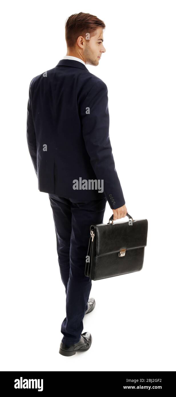 Eleganter Mann im Anzug mit Aktentasche isoliert auf weiß Stockfoto