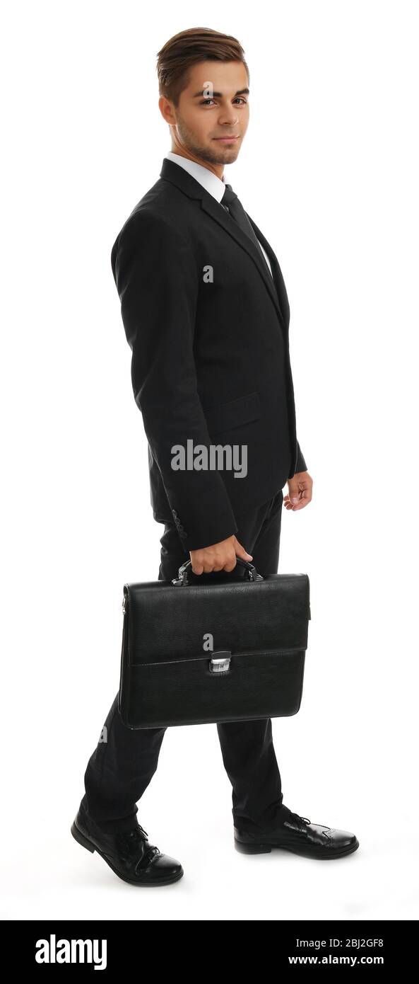 Eleganter Mann im Anzug mit Aktentasche isoliert auf weiß Stockfoto