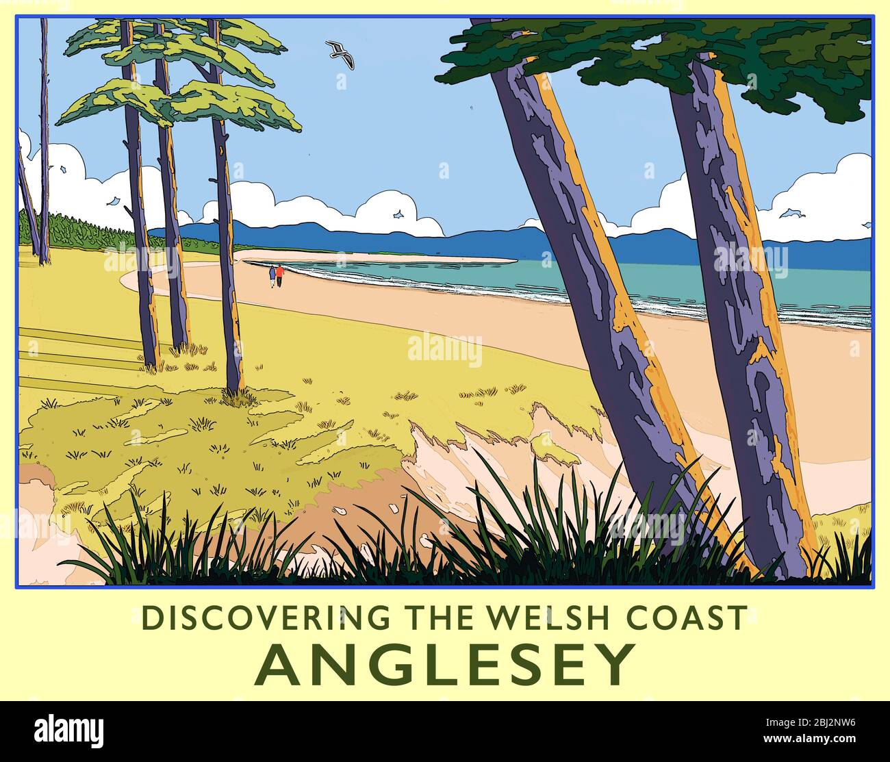 Eine Illustration von Newborough Beach auf Anglesey mit der Halbinsel Llyn, Nordwales, Großbritannien Stockfoto