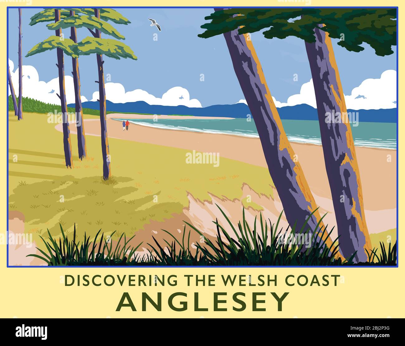 Eine Illustration von Newborough Beach auf Anglesey mit der Halbinsel Llyn, Nordwales, Großbritannien Stockfoto