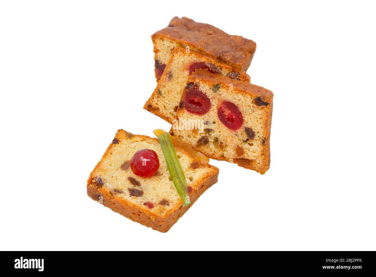 Scheiben kandierten Obst Kuchen mit weißem Hintergrund Stockfoto