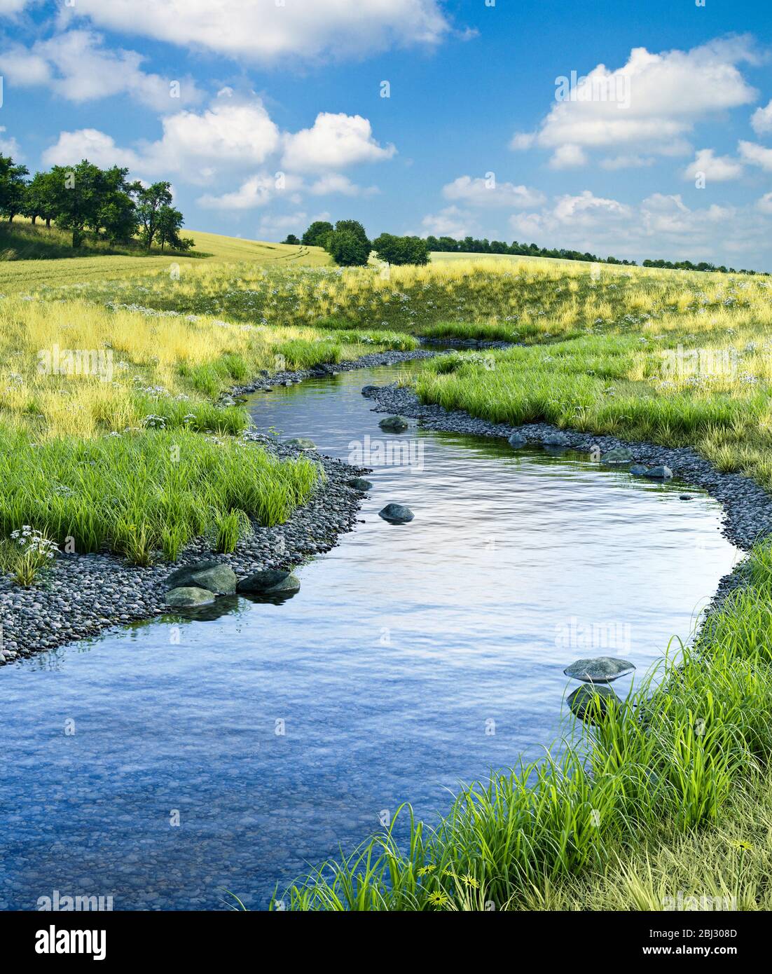 Schöner kalter Bach, der im Sommer durch eine malerische Wiesenlandschaft fließt, 3D-Rendering mit fotografischen Elementen. Stockfoto
