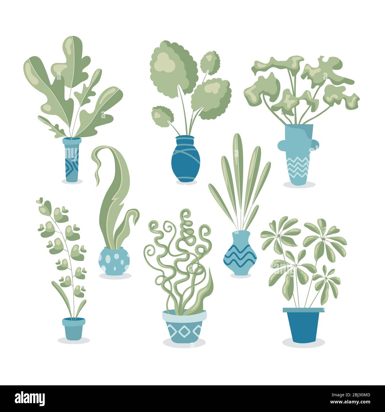 Set von 8 verschiedenen Hauspflanzen in Töpfen. Altmodische Farben in flachem, modernem Stil. Handgefertigte Zeichnungen auf weißem Hintergrund isoliert. Stock Vektor