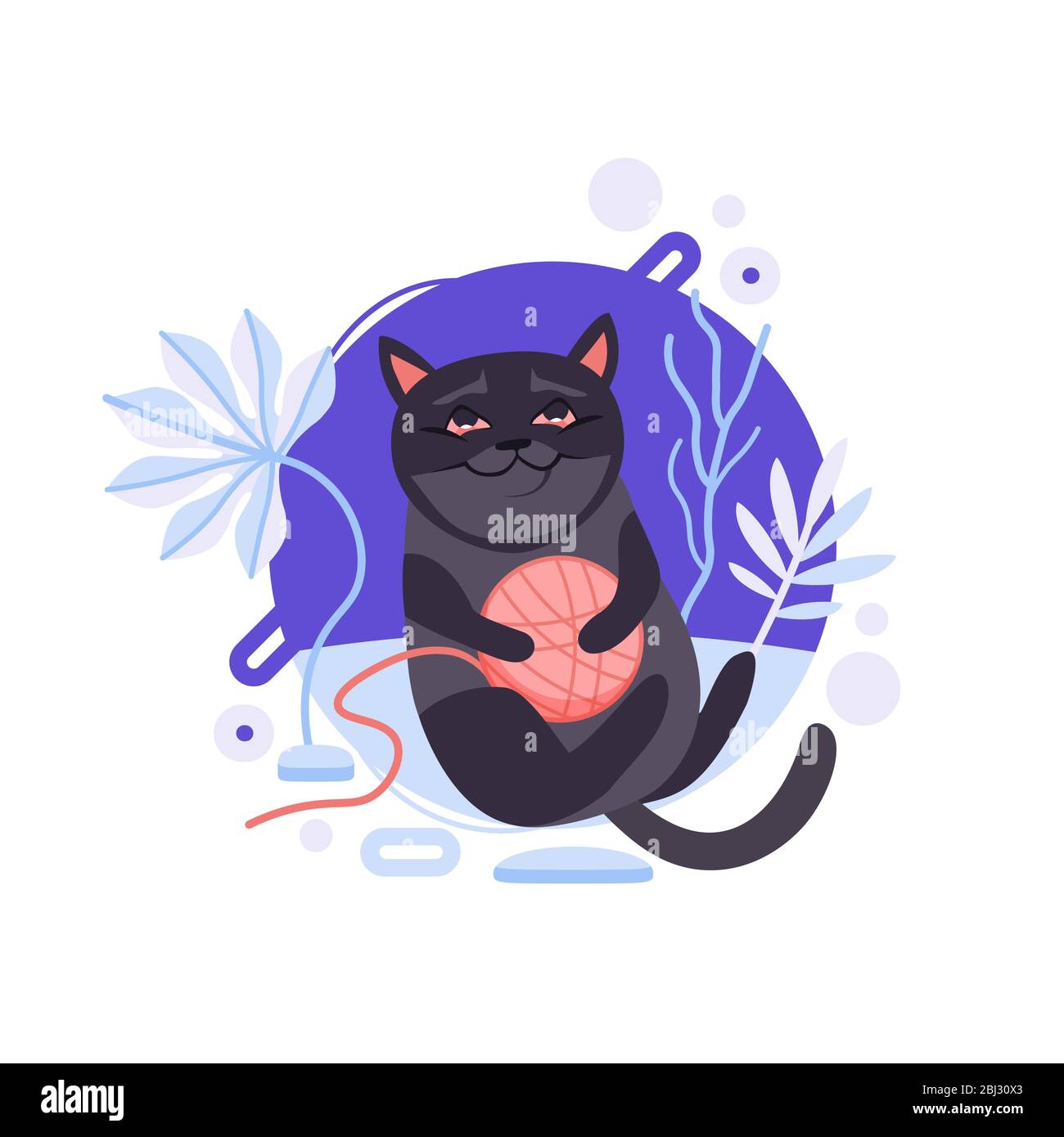 Cartoon schwarze Burmese Katze springen und hält eine Rolle zum Stricken. Er ist zufrieden und das glücklichste Haustier auf diesem Planeten. Stock Vektor