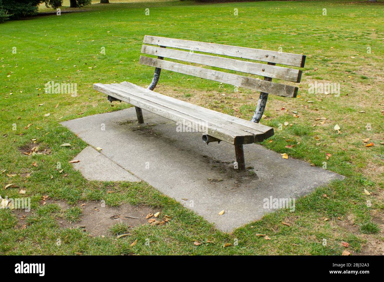 Leere Bänke auf dem Rasen im Park. Open Air Stockfoto